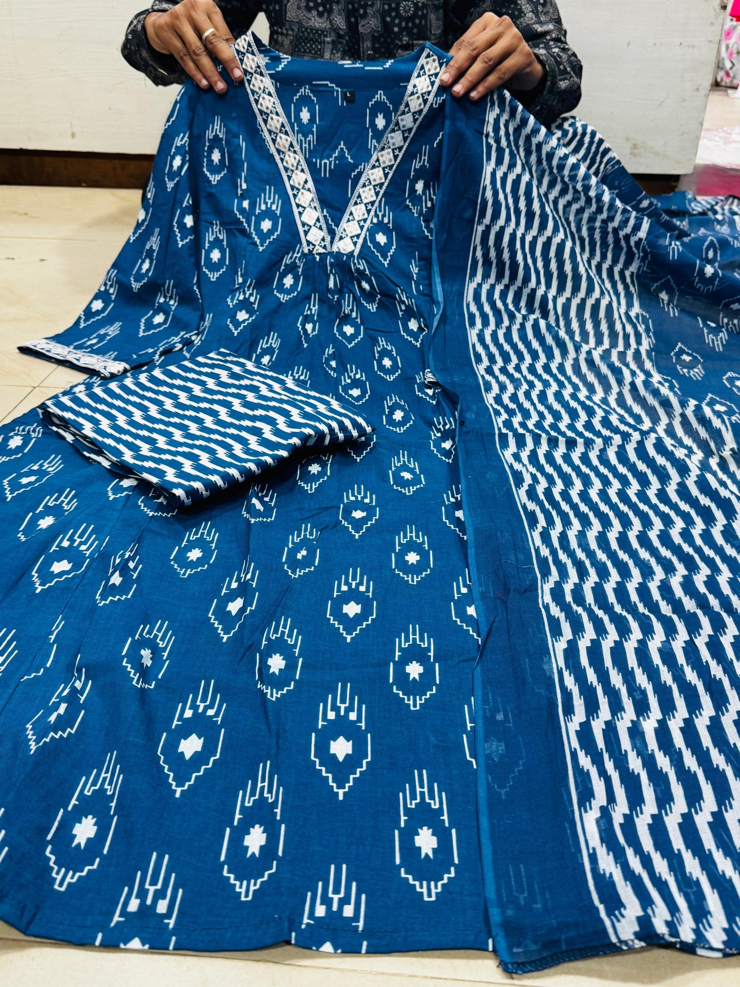 Blue Cotton A Line Kurta Pants Set
