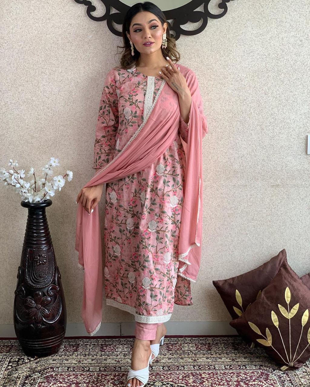 Pink Floral Lacework Cotton Kurta Set