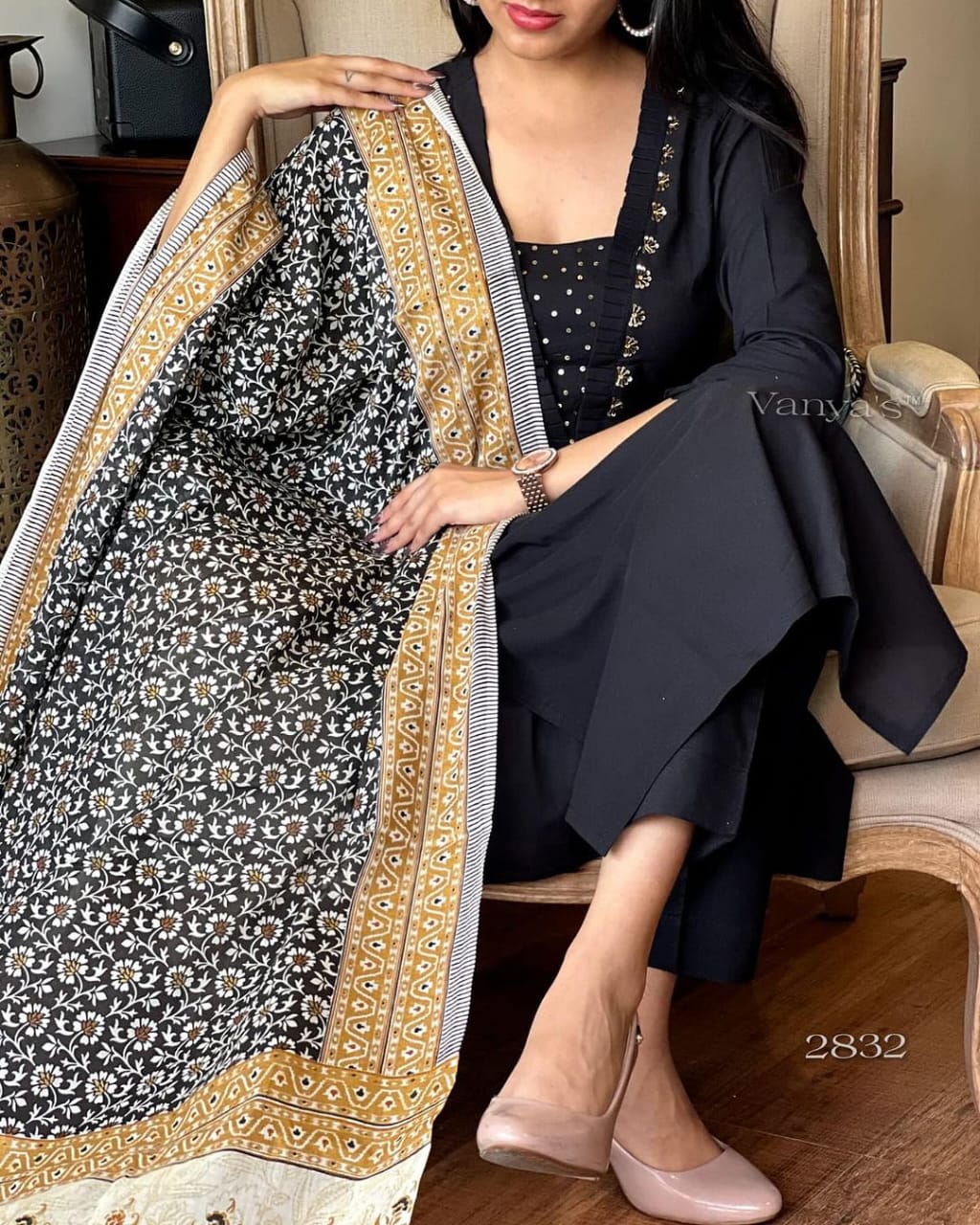 V Neck Embroidered Kurta Set