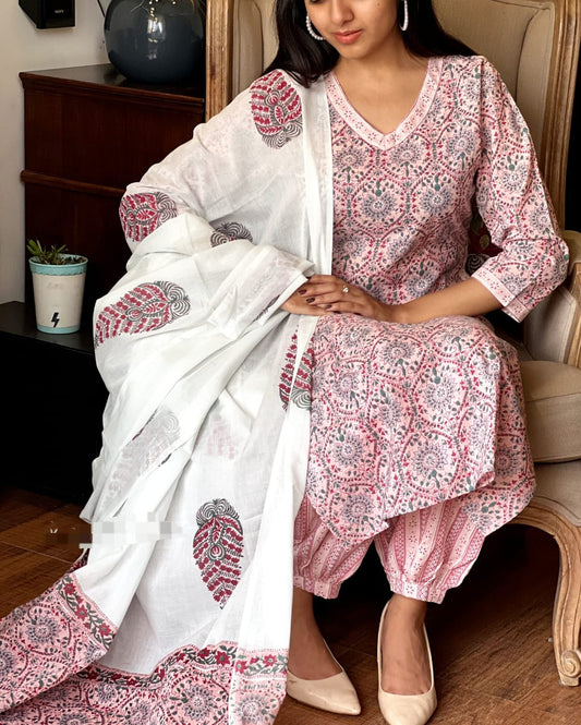 Pink Printed Kurta Set with Afghani Pants
