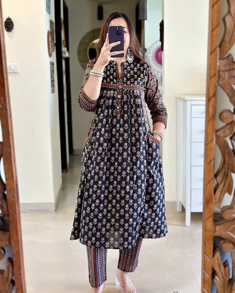 Black Printed Front Slit Cotton Kurta Set