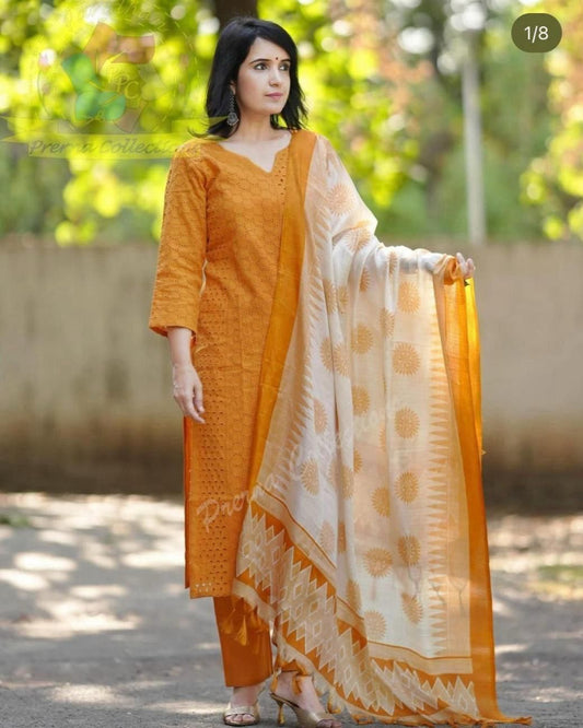 Schiffli Cotton Kurta Set with Ikat Style Khadi Dupatta