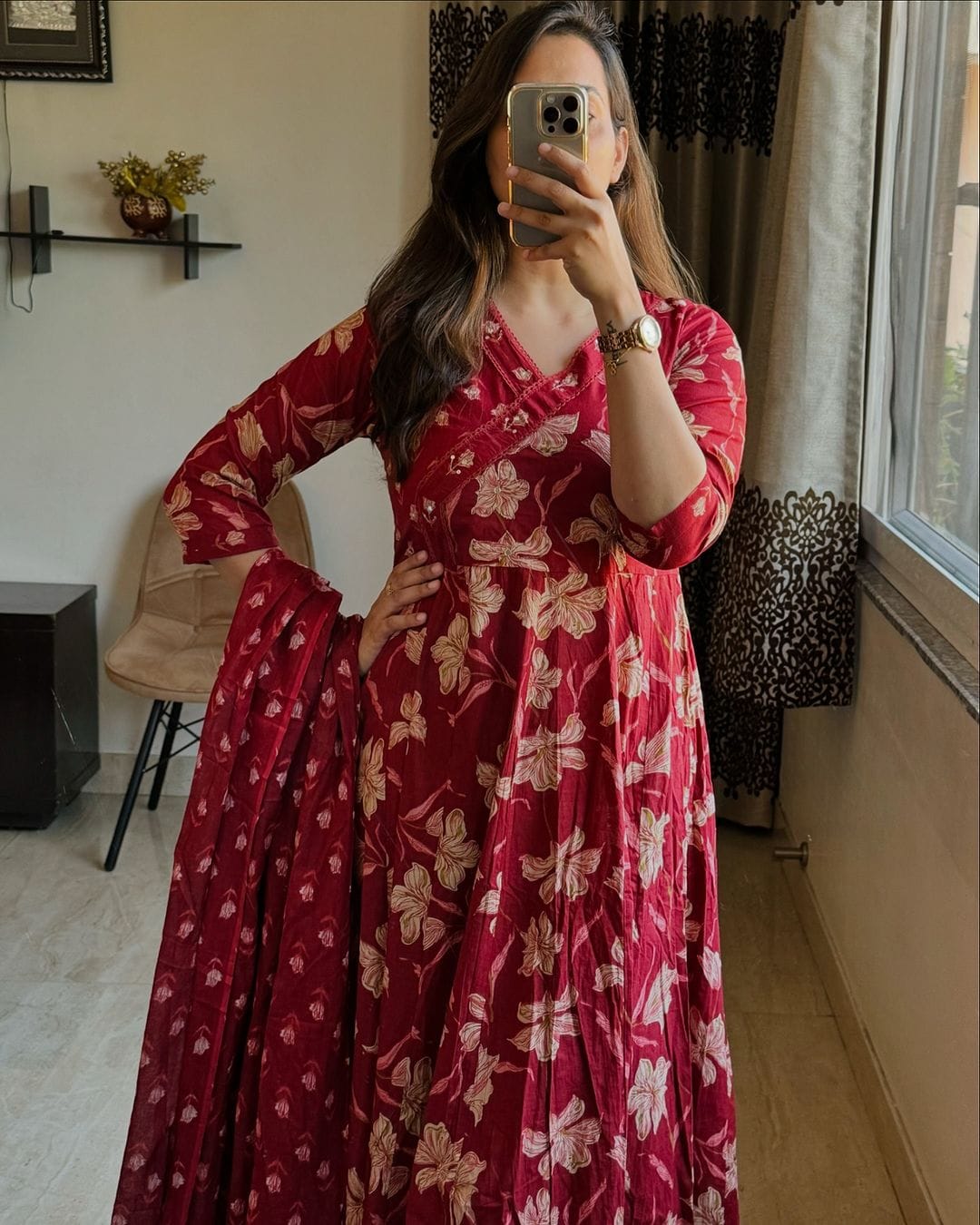 Red and Beige Cotton Anarkali Kurta Set