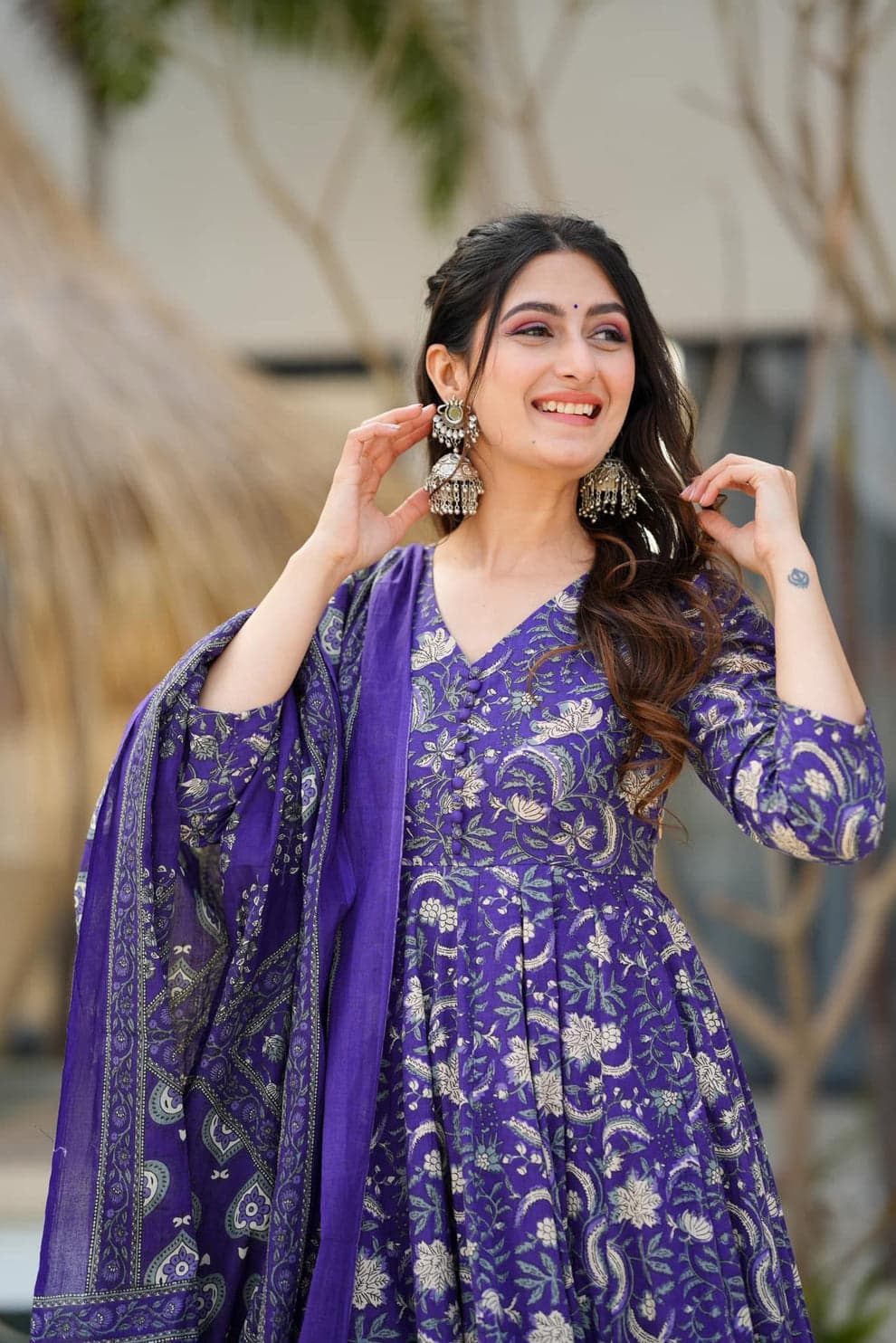 Purple Printed Cotton Anarkali Set