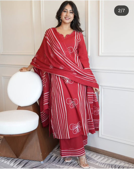 Red/Blue/Yellow Pure cotton Embroidered Kurta Set