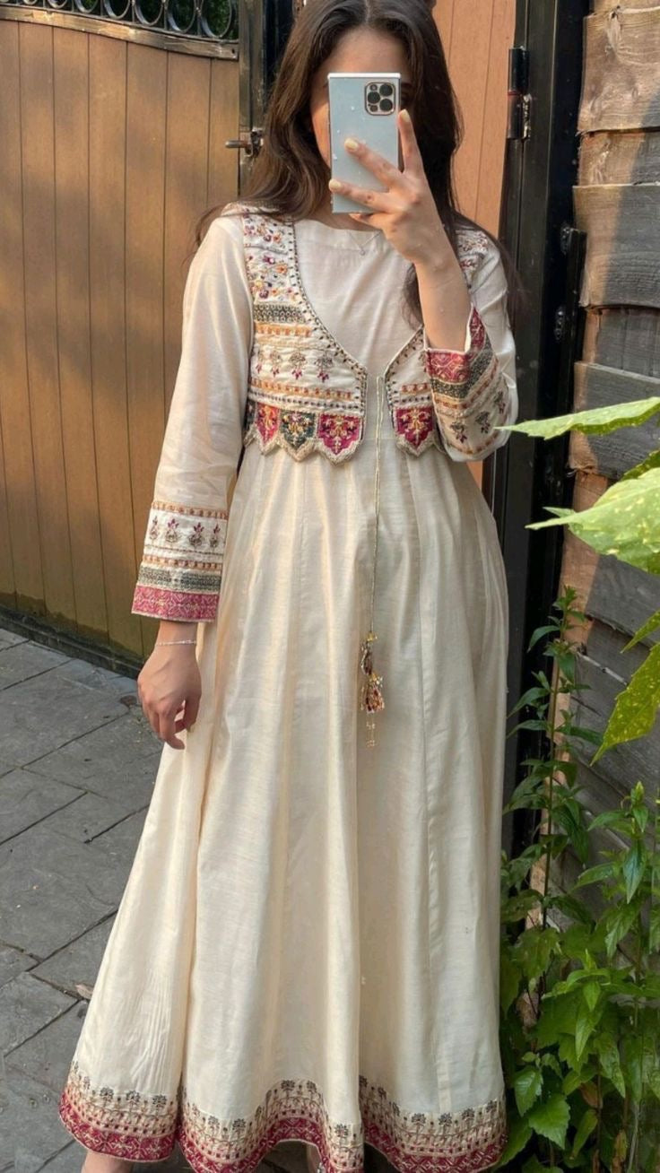 White/Black Jacket Style Zari Embroidered Kurta and Dupatta Set