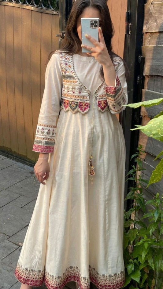 White/Black Jacket Style Zari Embroidered Kurta and Dupatta Set