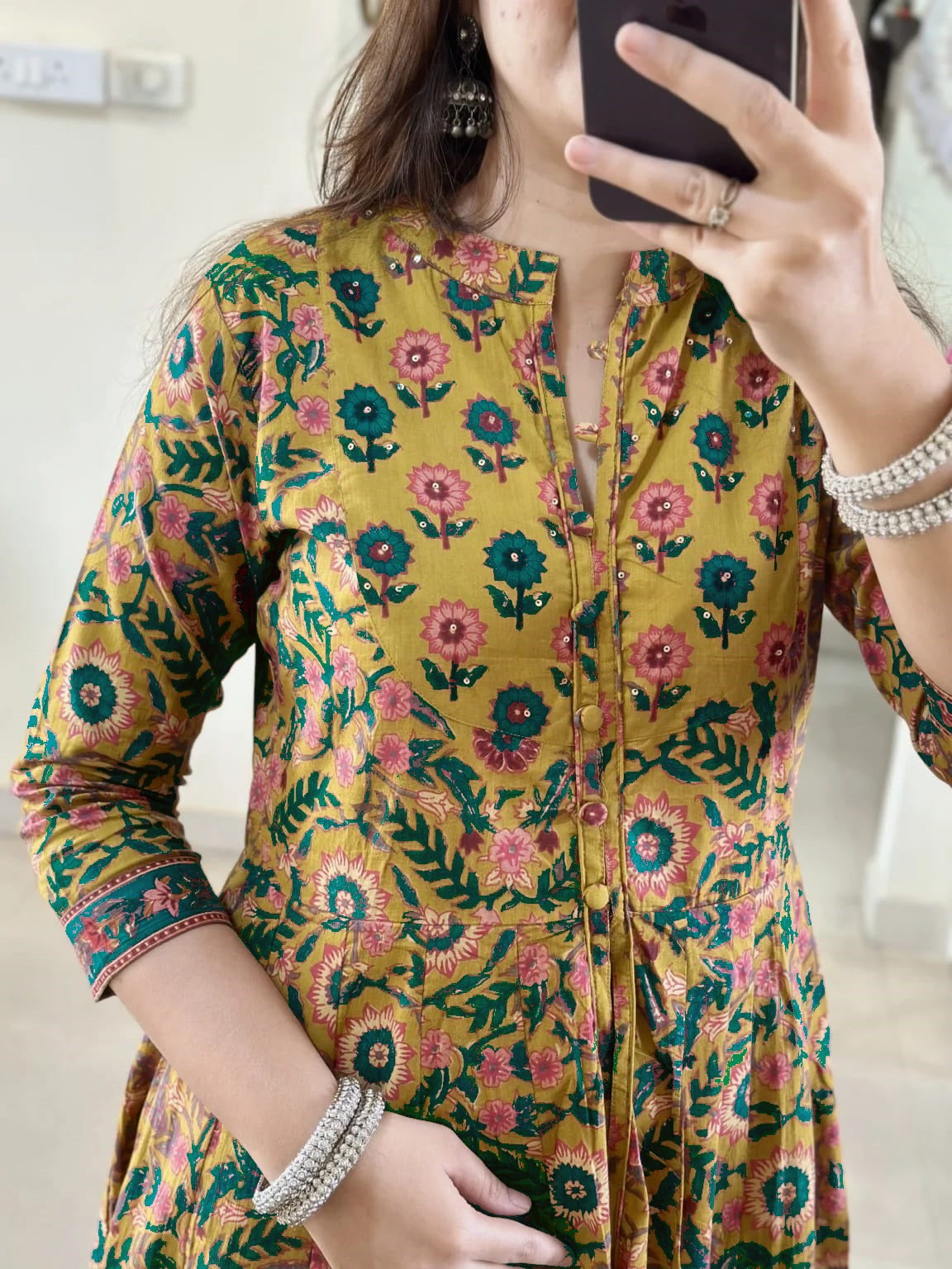 Mustard Yellow & Green Front Slit Kurta Set