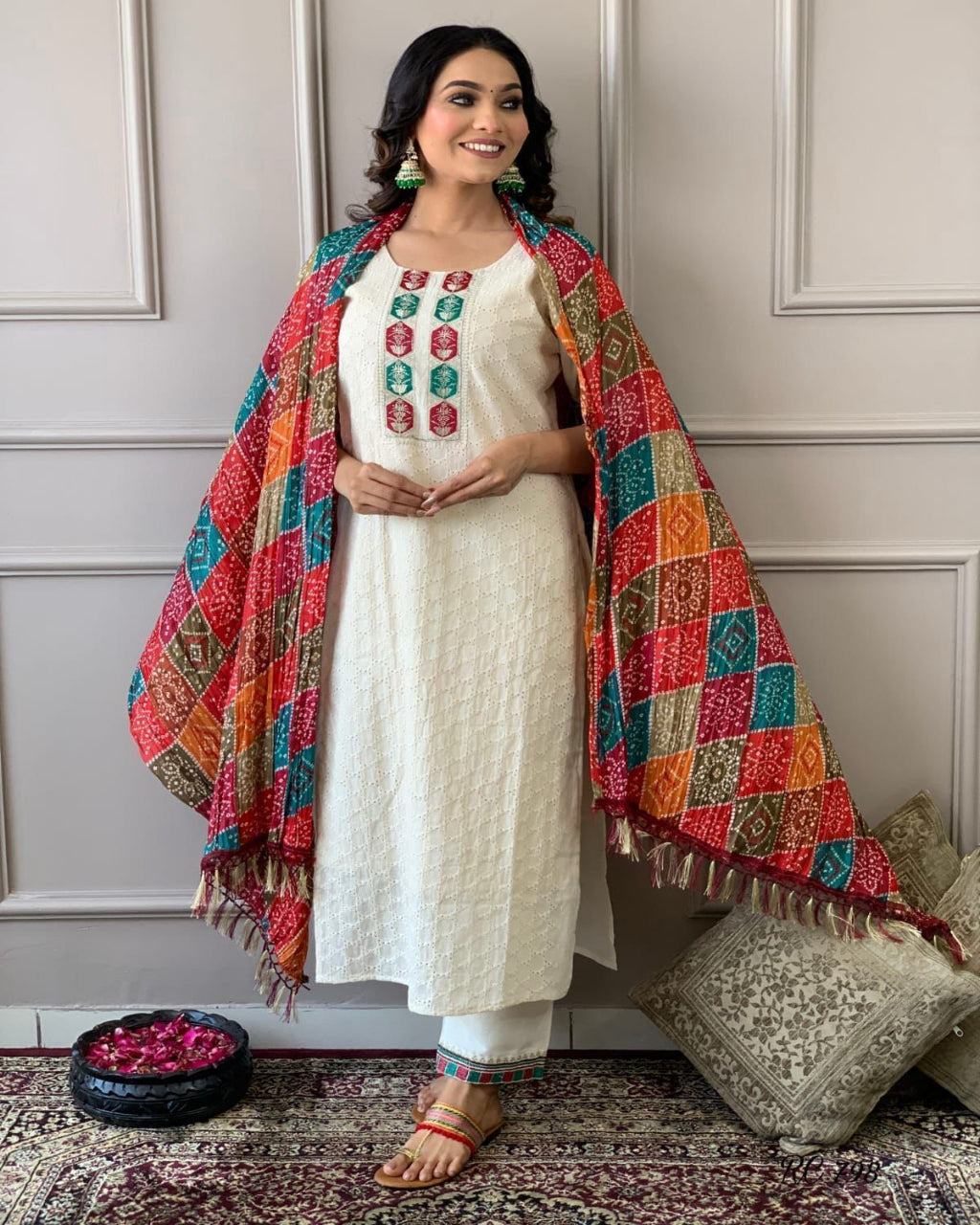 Cream Schiffli Kurta Set with Multicolored Dupatta