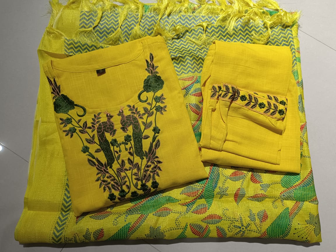 Yellow Embroidered Kurta Set with Madhubani Dupatta