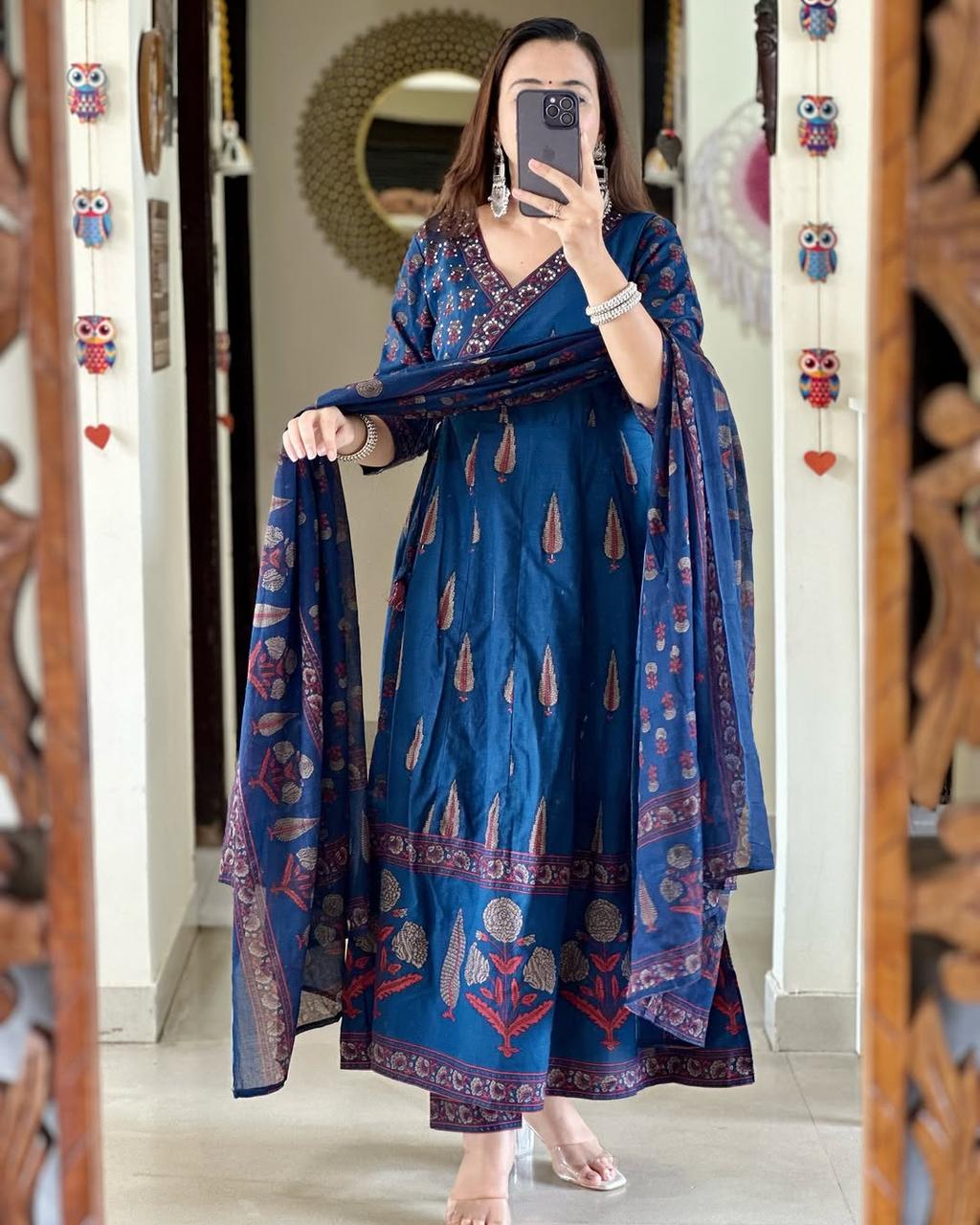 Blue Cotton Angrakha Block Printed Kurta Set