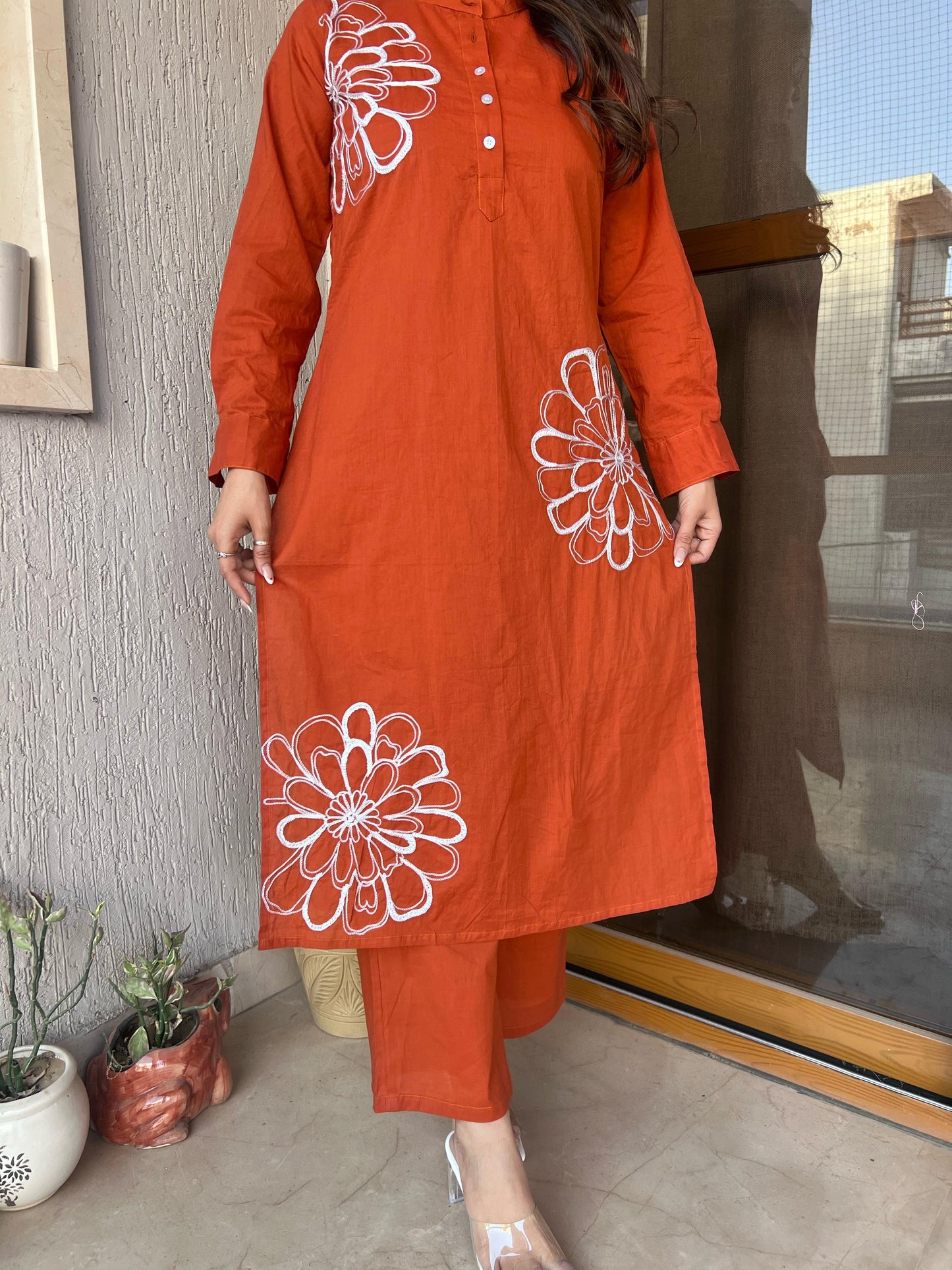 Orange Flower Embroidered Kurta Set