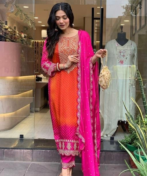 Festive Pink and Orange Embroidered Kurta Set
