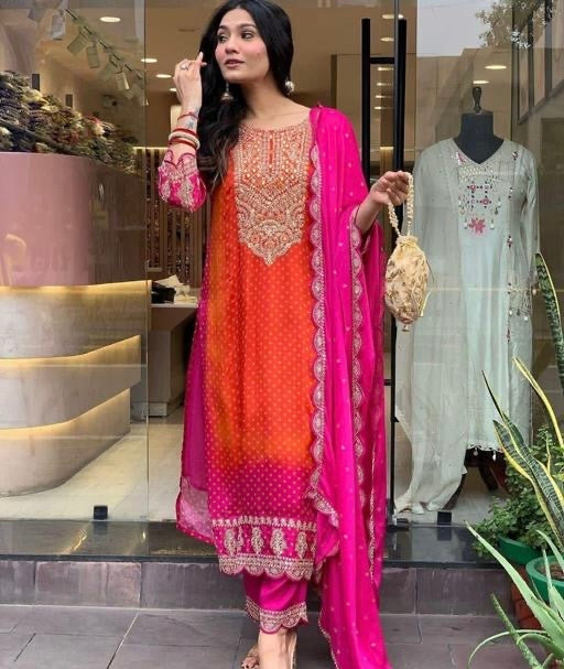 Festive Pink and Orange Embroidered Kurta Set