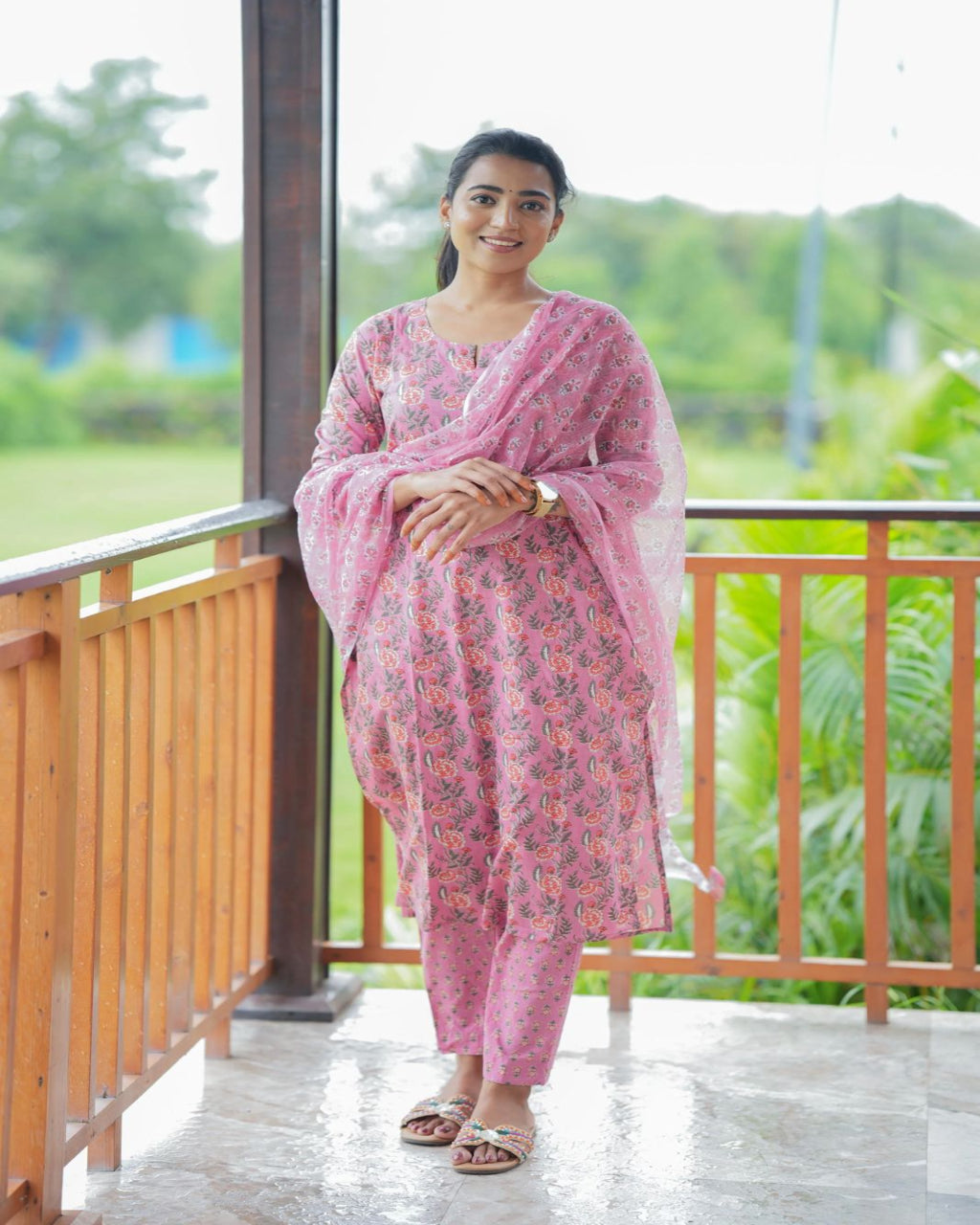 Pink Floral Block Printed Cotton Kurta Set