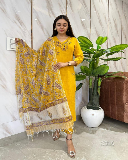 Yellow Handloom Paisley Embroidered  Kurta Set