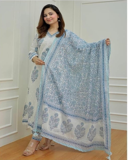 White and Blue Block Printed Kurta Set with Dupatta