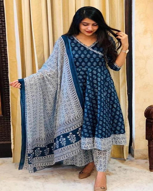 Navy Blue Block Printed Anarkali Kurta Set With Dupatta