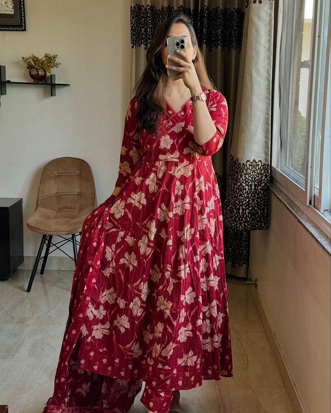 Red and Beige Cotton Anarkali Kurta Set