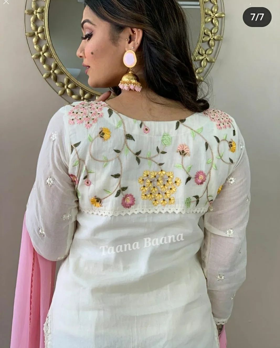 White and Pink Floral Embroidered Cotton Kurta Set