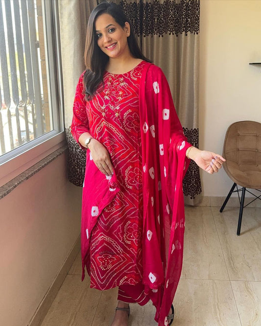 Red Bandhani Kurta Set