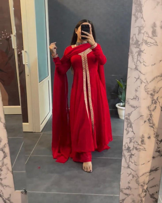 Red Embellished Front Slit Kurta Set
