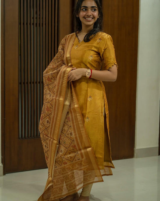 Mustard Shimmer Silk Embroidered Kurta Set