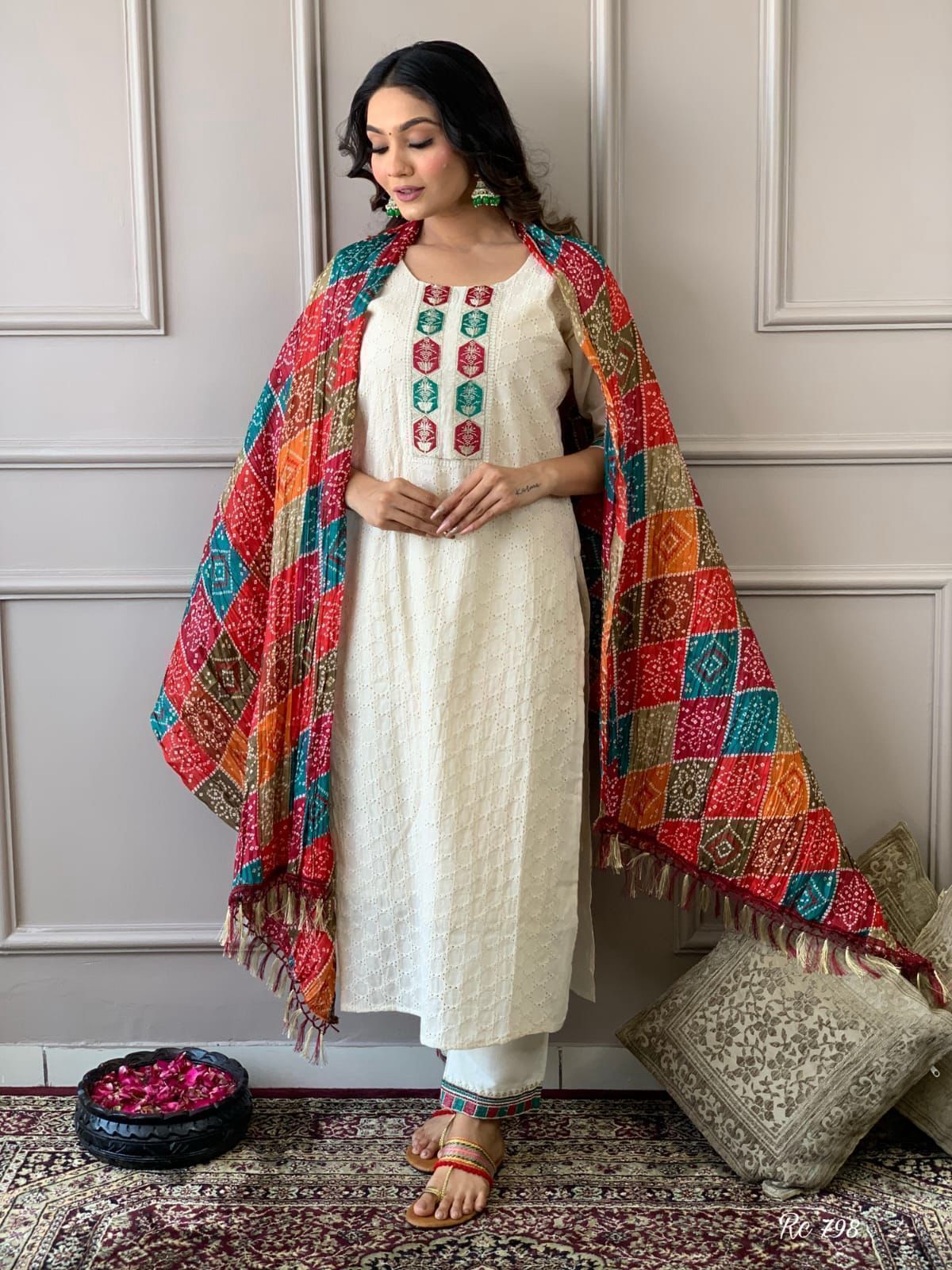 Cream Schiffli Kurta Set with Multicolored Dupatta