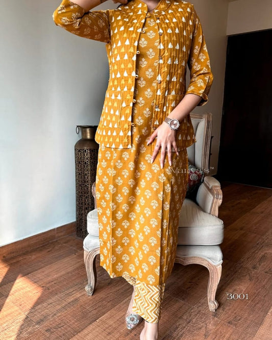 Mustard Yellow Cotton Kurta Set with Jacket