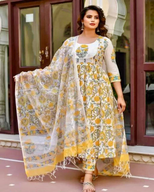 Yellow Cotton Anarkali Kurta Set With Kota Doria Dupatta