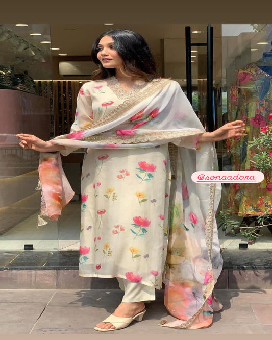 Cream Floral Chanderi Kurta Set