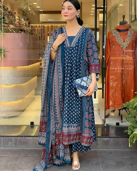 Blue Printed Anarkali Kurta Set with Dupata