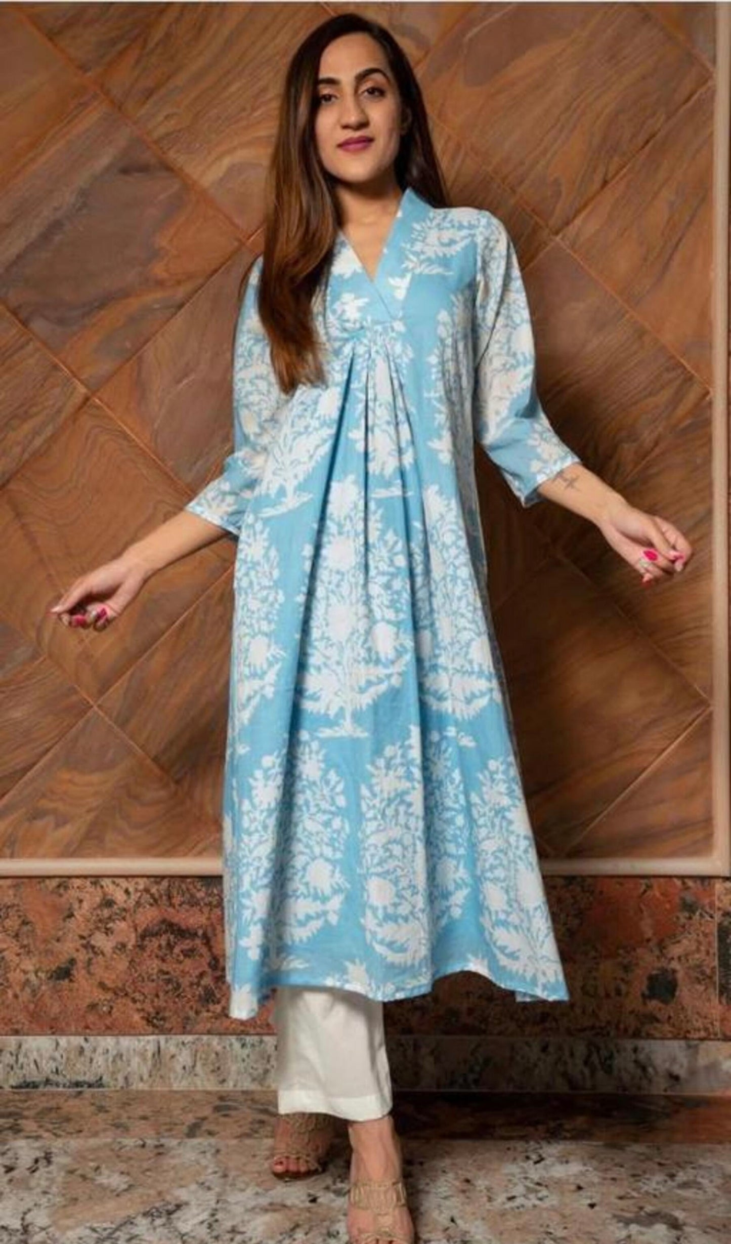 Sky Blue And White Pleated A- line Kurta Set