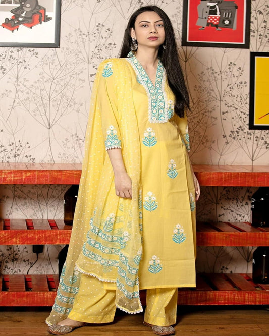 Sun Yellow Kurta Set with Embroidery