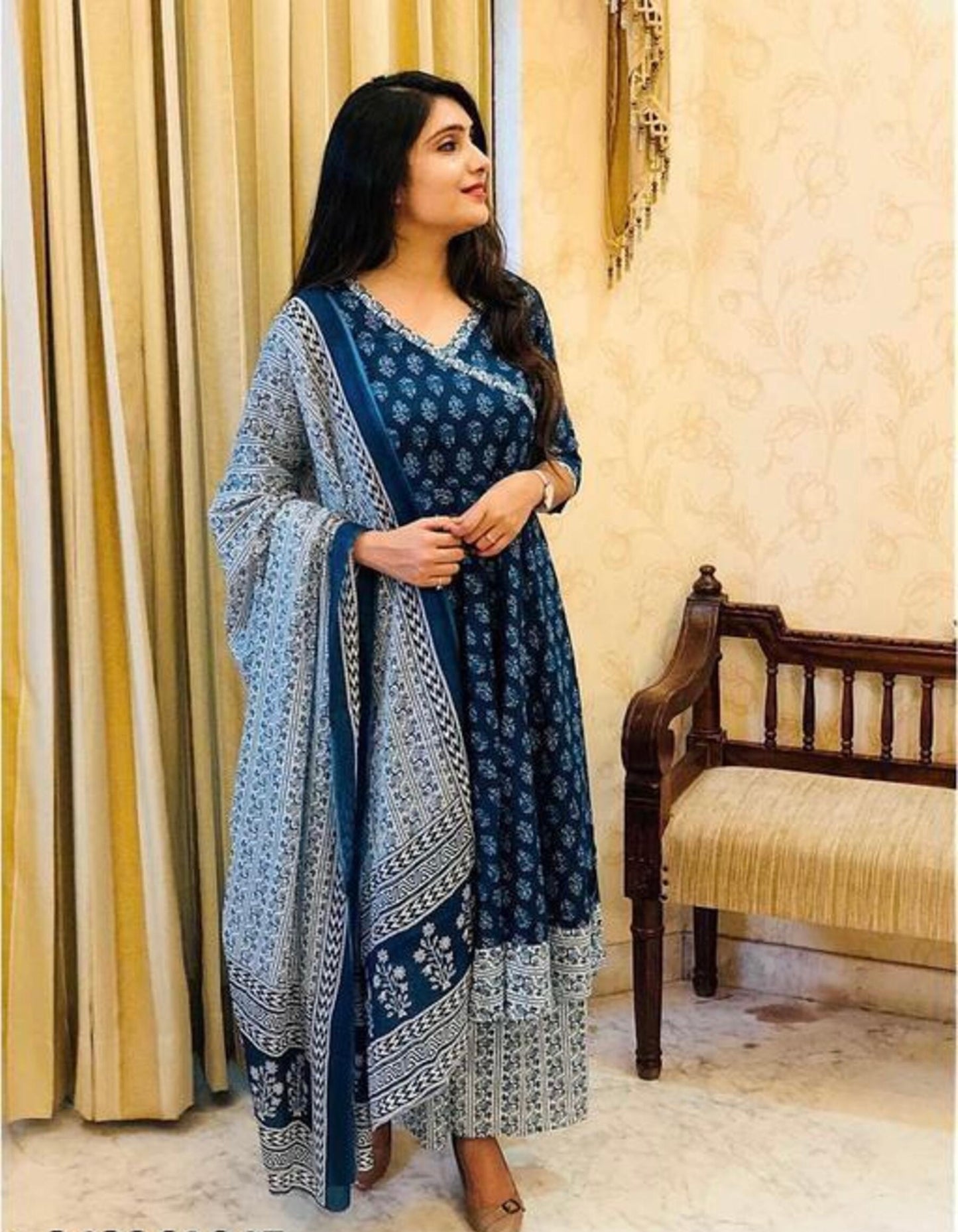 Navy Blue Block Printed Anarkali Kurta Set With Dupatta
