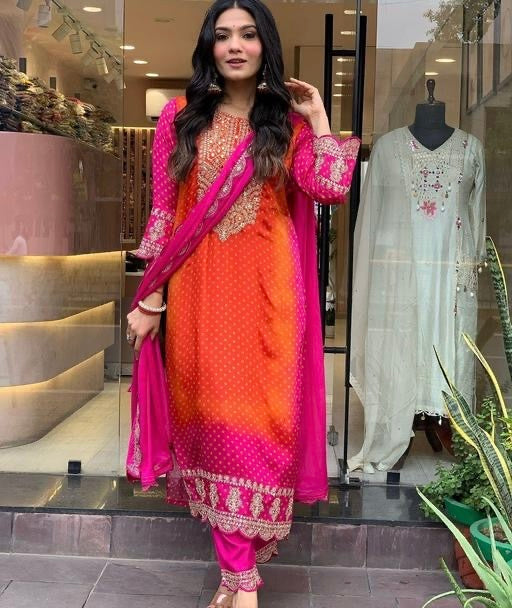 Festive Pink and Orange Embroidered Kurta Set