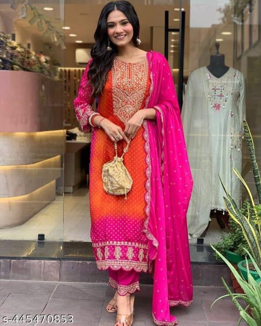 Festive Pink and Orange Embroidered Kurta Set