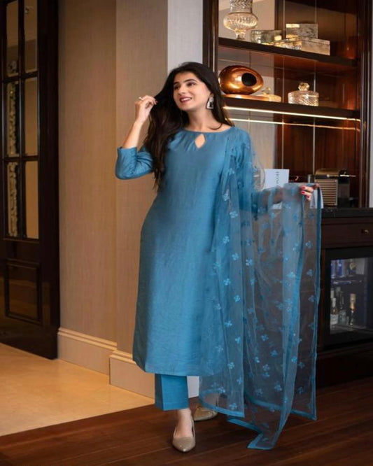 Peacock Blue Chifffon Kurta Set With Dupatta