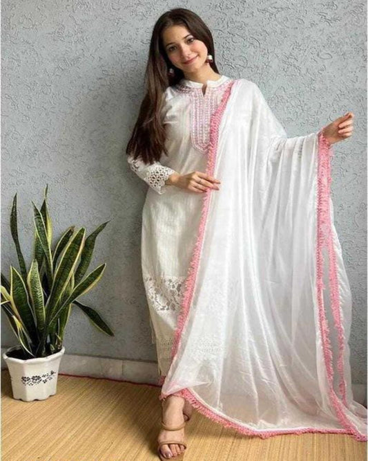 White And Pink Lace Work Kurta Set