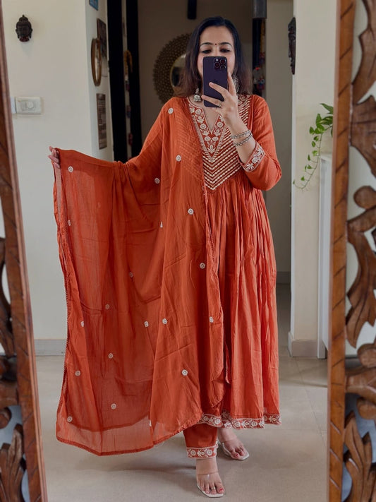Orange Embroidered Kurta Set with Dupatta