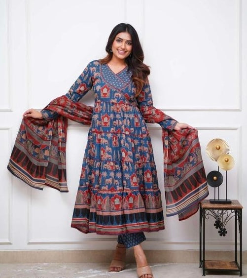 Blue and Red Block Printed Anarkali Kurta Set with Dupatta