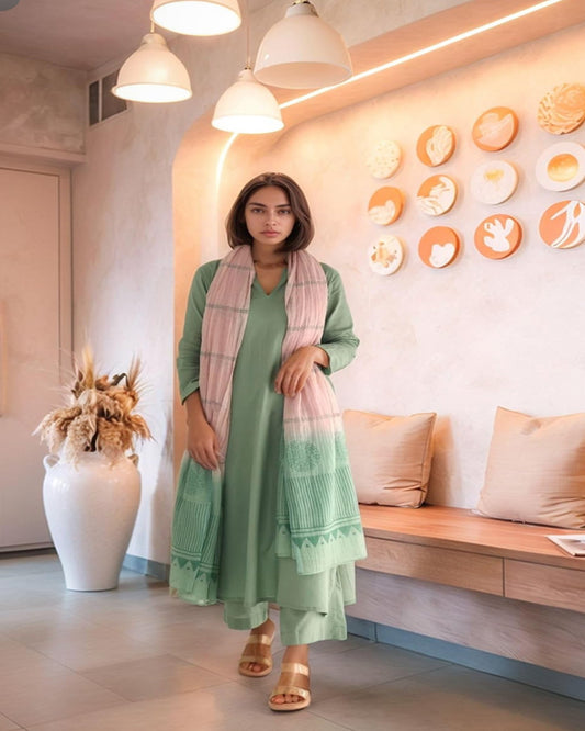 Woman in a green dress with a pink scarf standing in a modern interior setting.