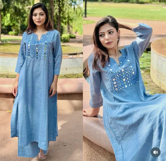 Ice Blue Linen Cotton Coord set