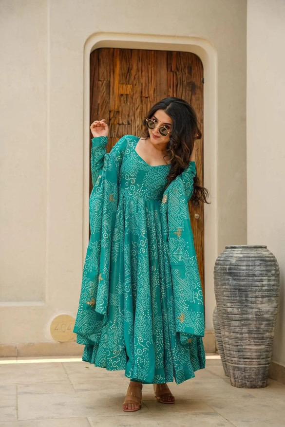 Green Bandhani Anarkali Kurta Set