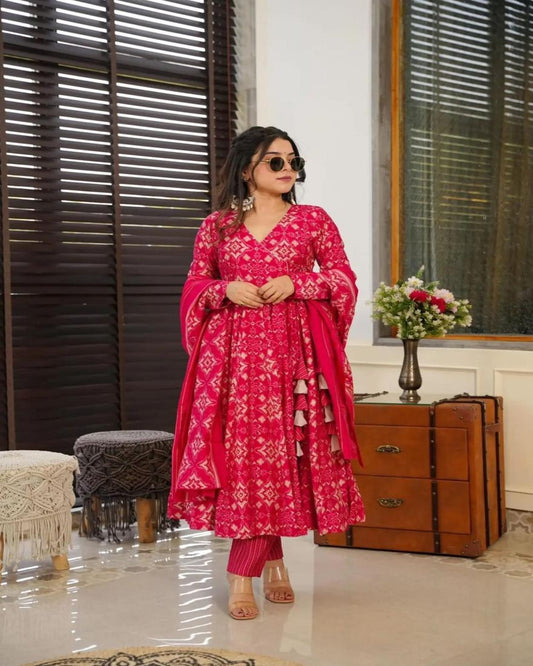 Red Anarkali Printed Kurta Set with Dupatta
