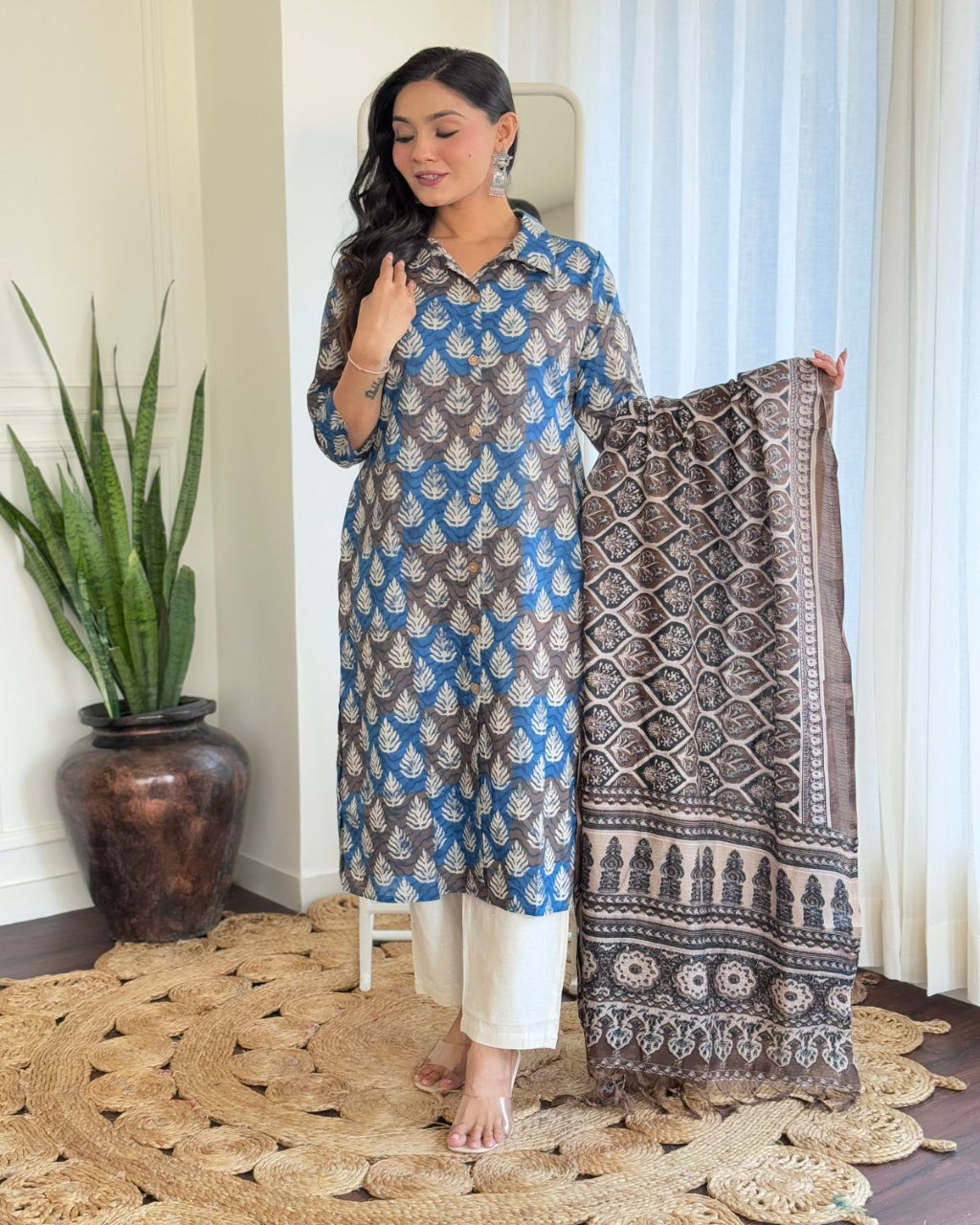 Blue and Grey Collar Kurta Set