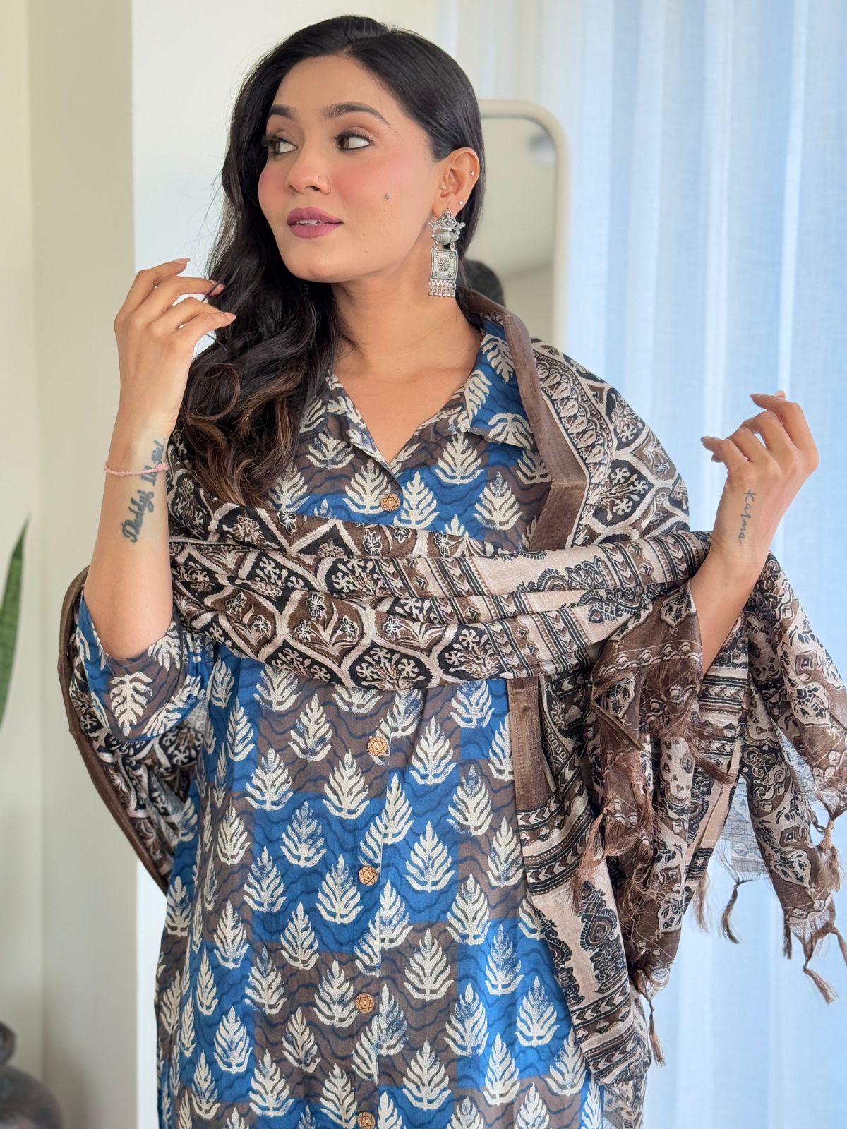 Blue and Grey Collar Kurta Set
