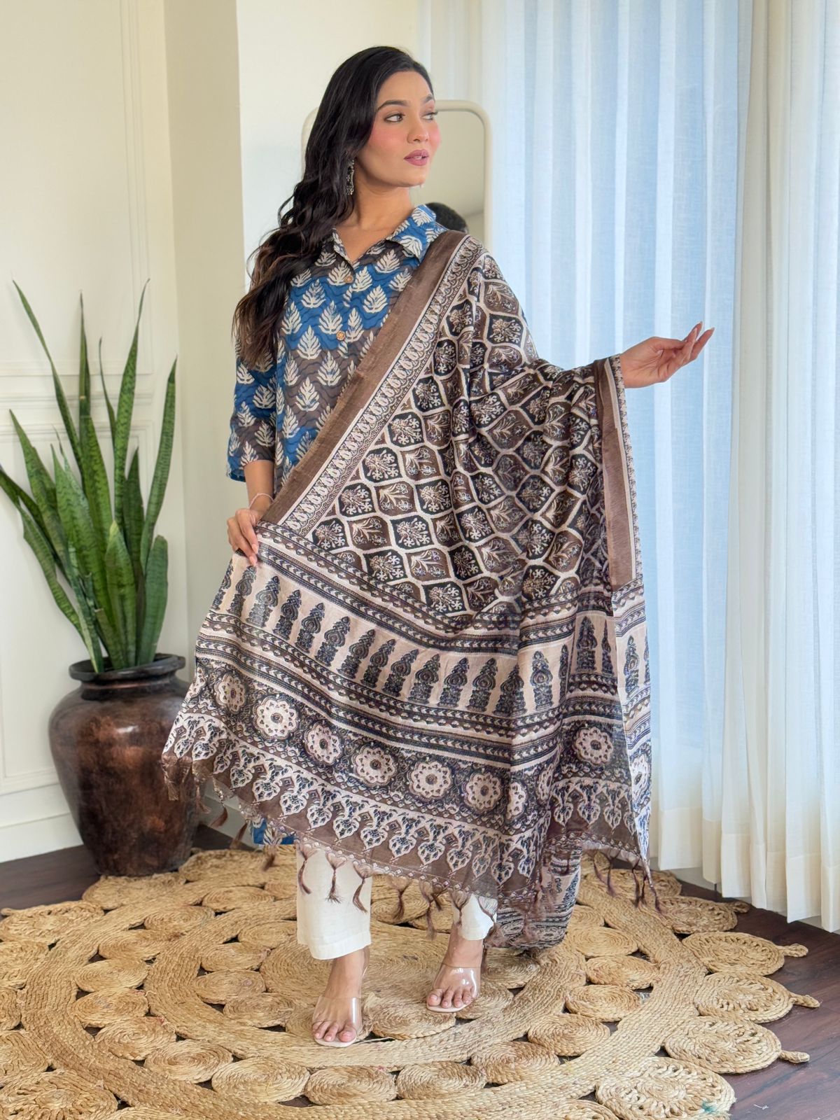 Blue and Grey Collar Kurta Set