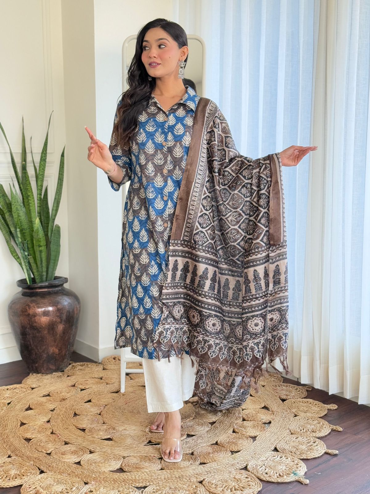 Blue and Grey Collar Kurta Set
