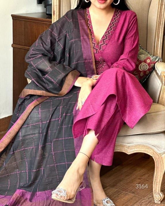 Pink and Black Khadi Cotton Kurta set